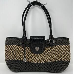 Brighton Women's Savannah Woven Black Beige‎ Rattan & Leather Shoulder Bag